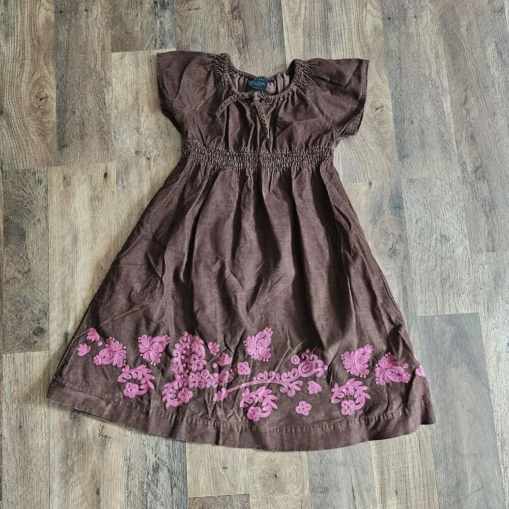 Vintage Mini Boden Corduroy Embroidered Dress Brown Pink Cottagecore 5-6Y